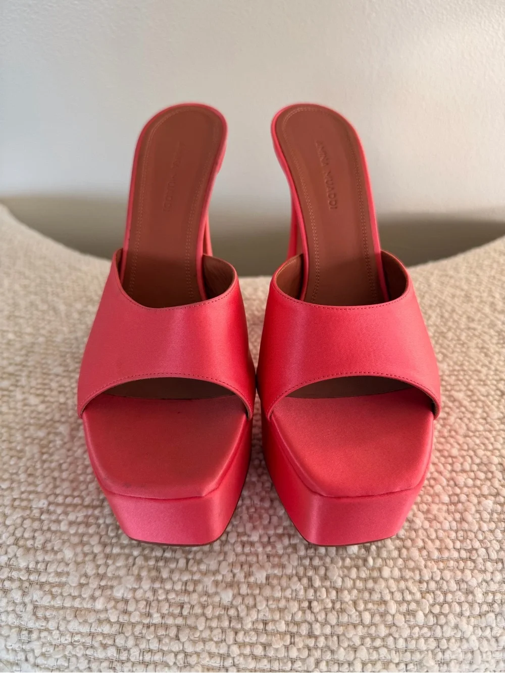 Amina Muaddi Coral-Pink Satin Platform Mule Heels
